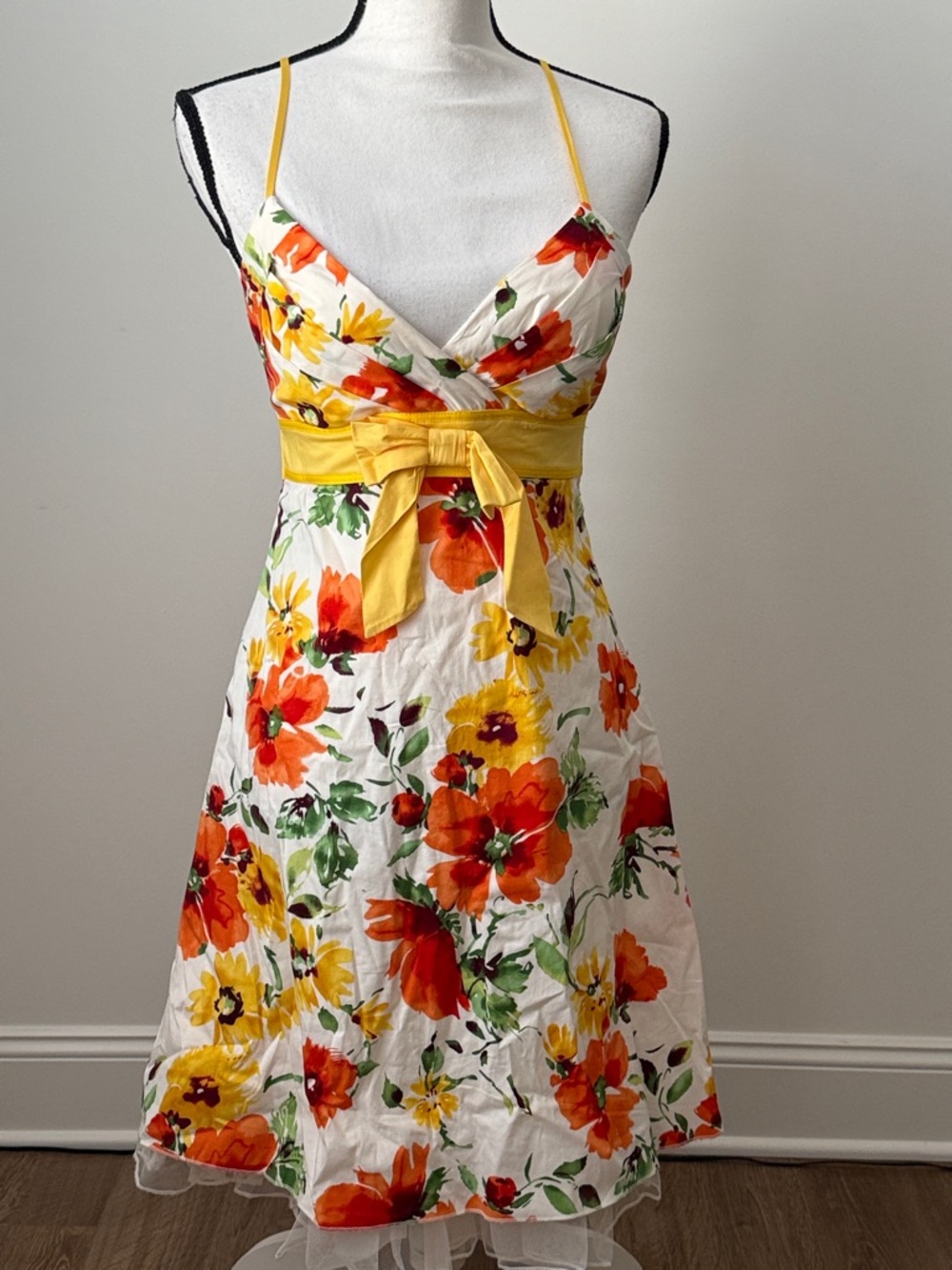 Ruby Rox Floral Sundress with Yellow Sash - White/Orange/Yellow